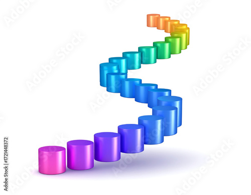 Colorful cylindrical steps spiraling upwards, forming a vibrant rainbow ascent.