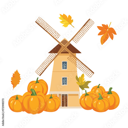 Rural Autumn Scene with Windmill and Pumpkins in the Countryside