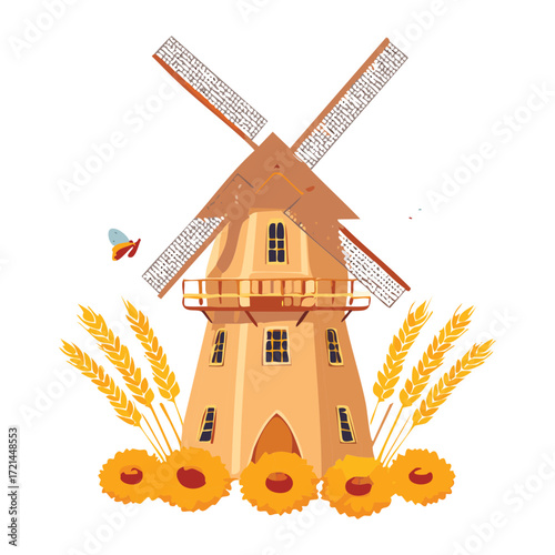 Detailed Windmill Illustration Surrounded by Wheat Sheaves and Sunflowers, Capturing the Essence of a Bountiful Harvest	