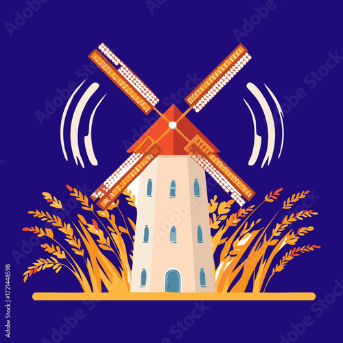 Night Harvest Graphic with a White Windmill Building Surrounded by Wheat Stalks and Bright Light Emanating from Above	