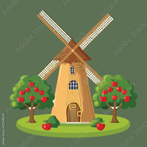 Traditional Wooden Windmill with Red Apple Trees on a Green Hillside Landscape Illustration