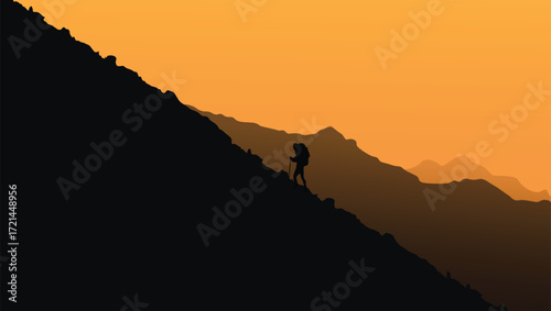 People Hiking Vector Illustration with Mountains Landscape for Adventure Travel Outdoor Concept