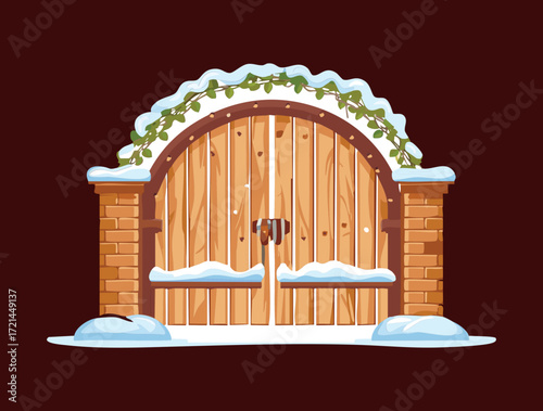 Large rustic wooden gate with vertical planks, set within a smooth arched frame and light snow on top	