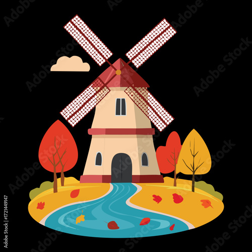 Traditional windmill by a flowing river, surrounded by autumn trees displaying warm red, orange, and yellow foliage	