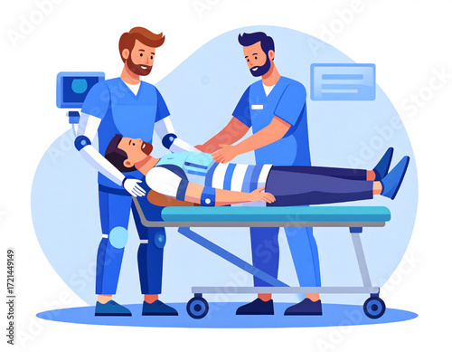 Medical professionals attending to a patient lying on a stretcher, providing care.