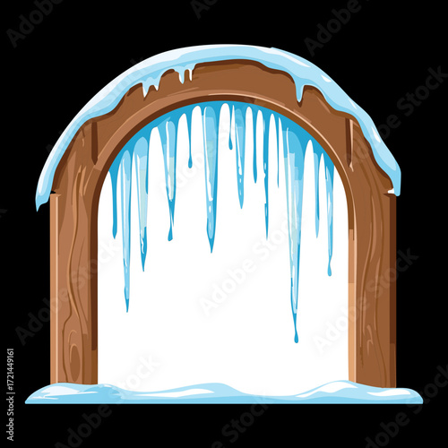 Striking dark wooden arch with thick, sharp blue icicles framing a white snow-covered winter scene background	
