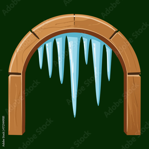 Simple stone arch portal with long, transparent blue icicles dramatically hanging and a light layer of snow below	