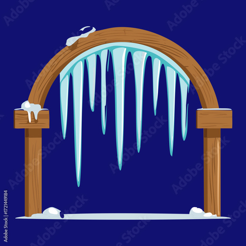 Majestic stone archway framing a deep blue winter night, adorned with long, glistening icicles hanging down	