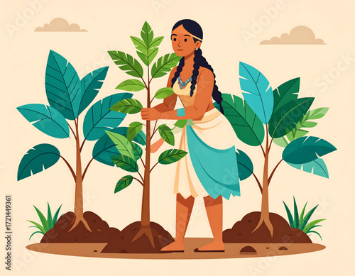 Woman planting a young tree sapling in a field, surrounded by other plants, under a cloudy sky.