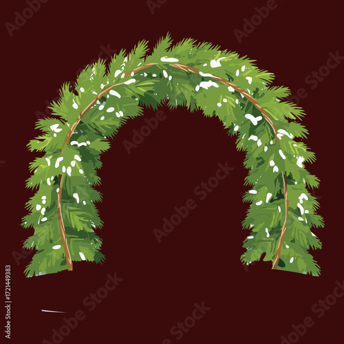 Arch of evergreen branches in a dark, snowy landscape, a quiet and mysterious scene