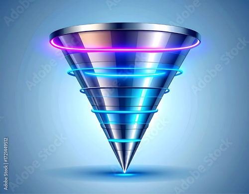 A shiny, metallic funnel shape with glowing blue and pink rings, centered on a light blue background.