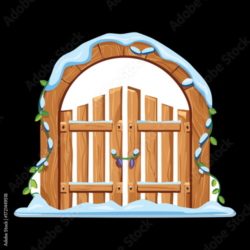 Wooden Gate with Snow and Wooden Archway, Ideal for Charming Winter and Rustic Country Themed Outdoor Designs
