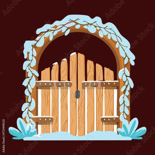 Simple Wooden Fence Archway with Snow, Great for Minimalist Winter and Cozy Farmhouse Outdoor Scene Illustrations