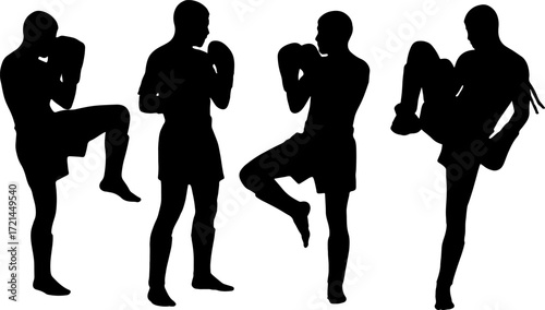 silhouette thai boxing postures in black shape muay thai poses monochrome color
