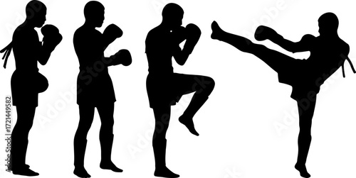 silhouette thai boxing postures in black shape muay thai poses monochrome vector