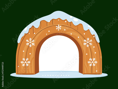 A unique wooden archway split in two, with snowflakes on one half, a creative winter design