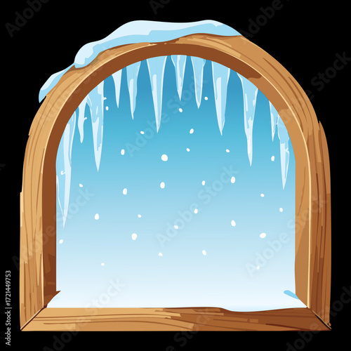 A detailed wooden archway with thick icicles hanging, a frosty gate to a stunning snow-covered landscape