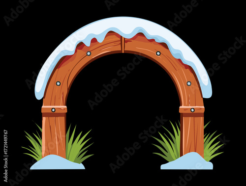 A beautiful brown wooden entryway framed by thick icicles and a layer of fresh snow