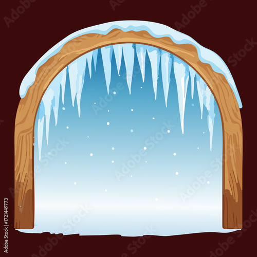 A light wooden archway covered in ice and snow, a frozen portal to a frosty winter scene