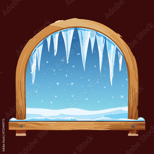 A light wooden archway covered in ice and snow, a frozen portal to a frosty winter scene