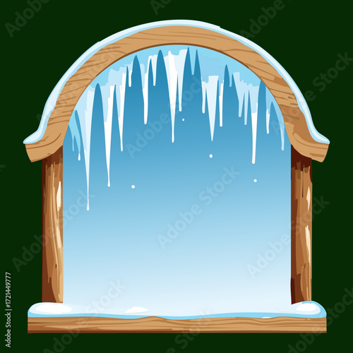 An elegant curved wooden arch with thick icicles hanging, a frosty entrance to a cold winter landscape