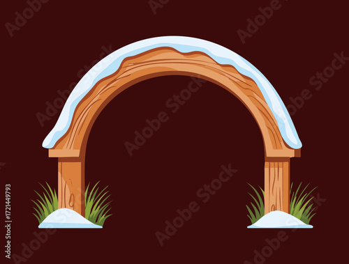 A curved wooden gate with a snow-covered roof, a clean and cozy entryway to a winter scene