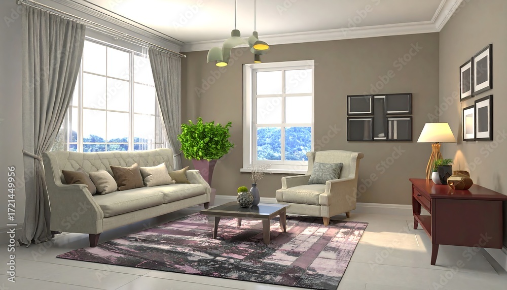 Fototapeta premium A sophisticated living room interior design, showcasing a light beige sofa, matching armchair, and a warm brown wooden cabinet.