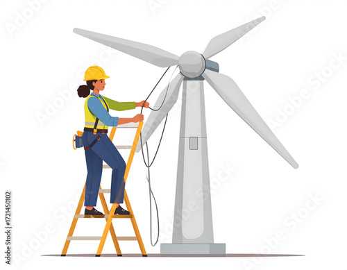 A female technician in a safety vest and hard hat adjusts a wind turbine blade on a stepladder.