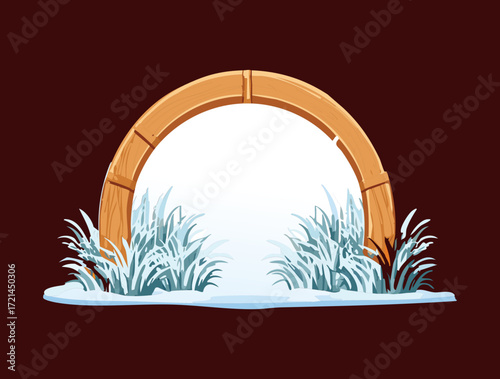 A beautiful illustration of a rustic wooden archway with a snowy base, framing a peaceful winter landscape with gentle hills and a frosty field
