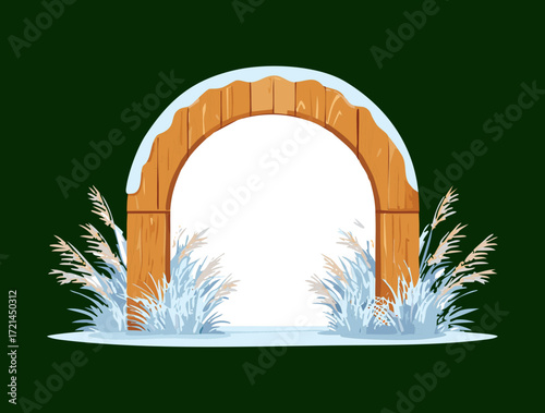 An elegant illustration of a white archway with a snow-covered base, surrounded by wild grasses, perfect for a peaceful and serene winter scene or a holiday design
