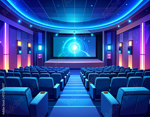 Futuristic movie theater interior with vibrant lighting and a large screen.