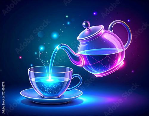 A vibrant, futuristic illustration of a teapot pouring glowing liquid into a teacup.