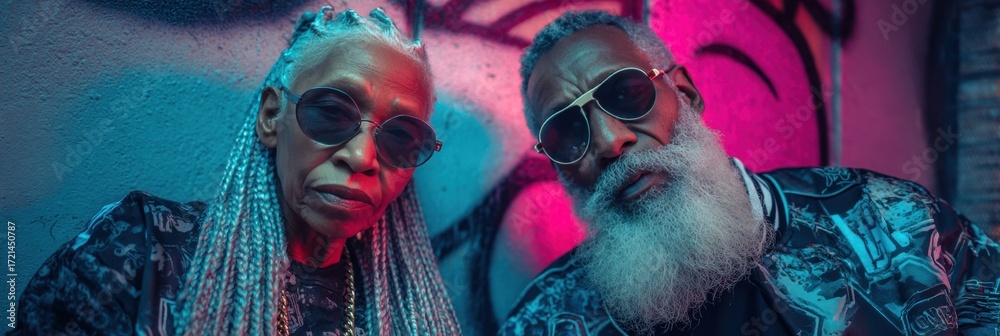 © Kristina - Fashionable senior couple with gray hair and sunglasses, wearing streetwear and posing confidently in front of a graffiti wall under neon lighting.