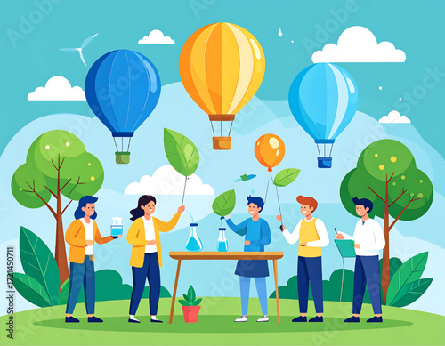 A group of students conducts experiments with hot air balloons and plants, surrounded by nature.