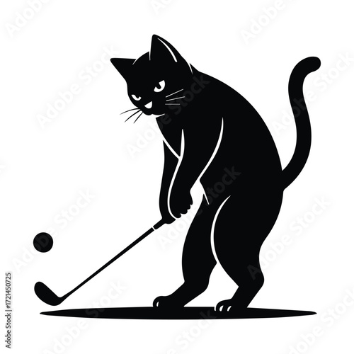 Black cat playing golf with a club and ball silhouette