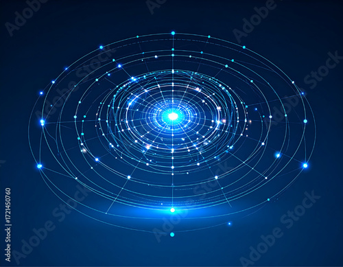 Abstract digital illustration of interconnected glowing lines and dots, forming concentric circles.