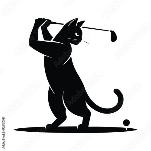 Black cat playing golf with a club in a dynamic silhouette
