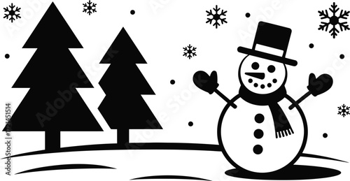 Cheerful snowman with top hat and scarf in snowy winter forest