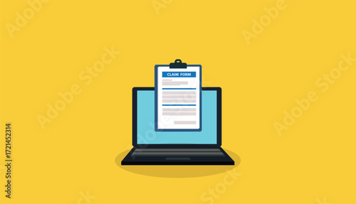 Clipboard claim form. Online claim form on laptop. Vector illustration 