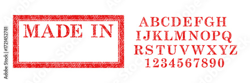 Vector red rubber stamp for Made In Country template with stamp alphabet font isolated on white background.