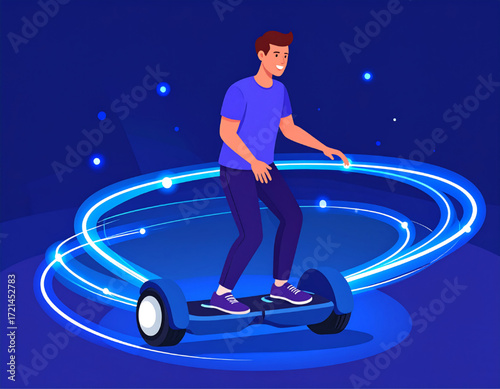 Smiling man on a futuristic hoverboard, surrounded by glowing light trails.
