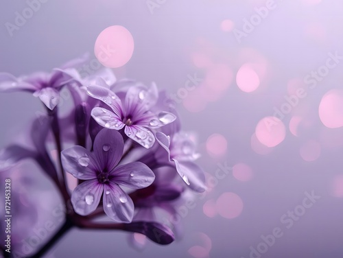 Close-up 3D render of delicate purple flowers with dewy petals and a soft bokeh background.