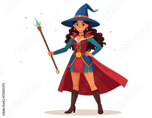 A confident young sorceress, in a vibrant costume, stands proudly holding her magical staff.
