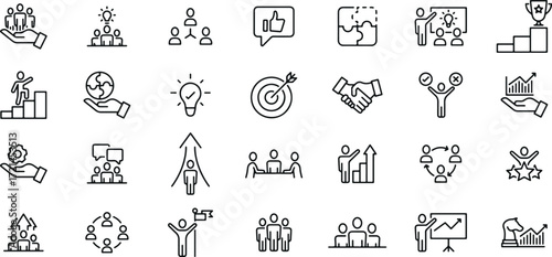 Business and Teamwork Icon Set – People, Communication, Group, Success, Strategy, Meeting, Presentation, Growth, Collaboration, Leadership, Company, Outline, Minimal, Black and White, Vector, Illustra