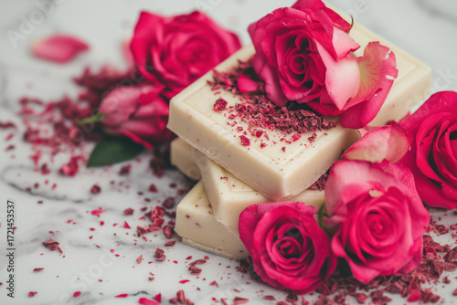 Broken pieces of white chocolate decorated with a pink rose bud and scattered rose petals, close-up view, Valentine’s Day theme.