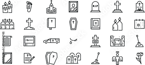 funeral icons set, memorial symbols graphics, death ceremony vector, cemetery design pack, funeral service icons, gravestone graphics set, remembrance symbols vector, spiritual memorial designs, buria