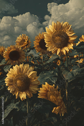 An Inviting Panorama: A Stnning Field of Sunflowers apturing the Essence of Naure's Beauty and the Joyfu Radiance of Golden Blossos in Full Bloom Under the unlit Sky