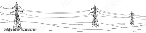 Power line graphic black white landscape long sketch illustration vector 