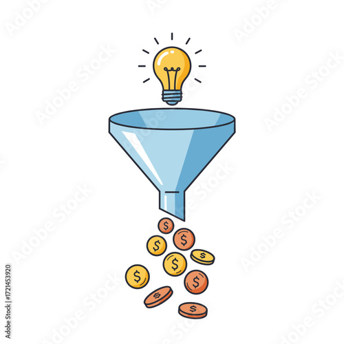 Light bulb above funnel with coins symbolizing business ideas  