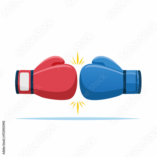 Illustration of two boxing gloves, red and blue, colliding with impact sparks.